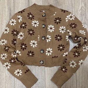 Floral Patterned Brown Cardigan Sweater